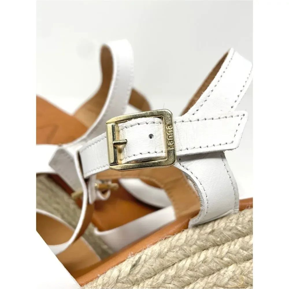 NEW KANNA Made In Spain White Leather Espadrille Wedge Sandals Size 6, EU 36